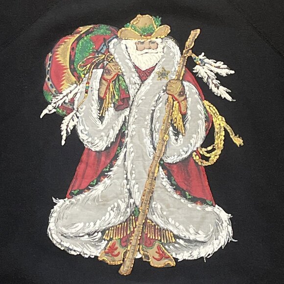 Santa Claus Sweatshirt SZ Medium Black Appliqué Hand Painted Southwestern Vtg - Picture 3 of 10